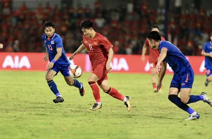 Thanh Nhàn (áo đỏ) và các đồng đội đặt mục tiêu bảo vệ thành công ngôi vô địch U23 Đông Nam Á. Ảnh: Minh Tuấn