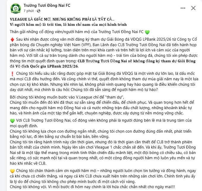 Thông báo của CLB Đồng Nai