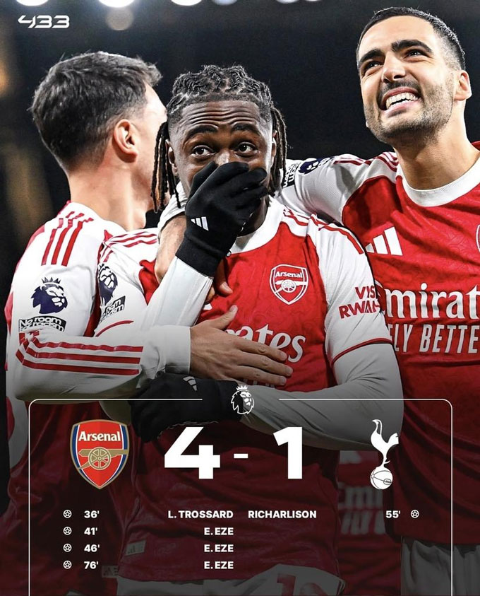Arsenal đại thắng Tottenham ở trận Derby London