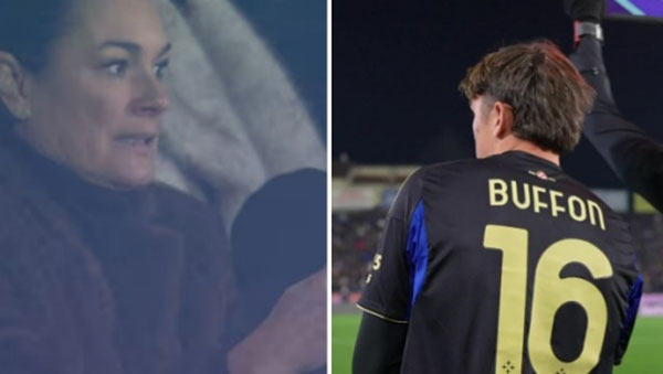 Trên khán đài, Alena Seredova, mẹ của Louis Buffon cổ vũ cho con trai