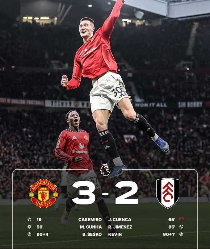 Sesko ghi bàn ấn định chiến thắng 3-2 cho MU trước Fulham ở phút 90+4