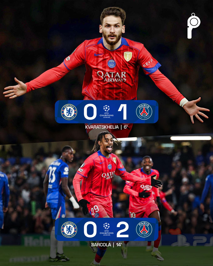 Kvaratskhelia và Barcola cùng nhau ghi bàn giúp PSG đại thắng Chelsea - Ảnh: Twitter
