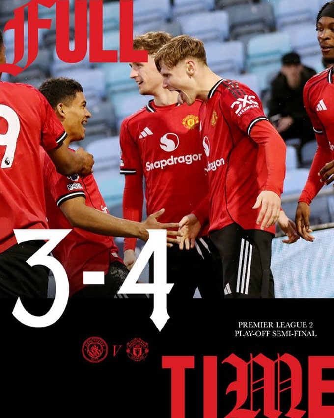 U21 MU đánh bại U21 Man City 4-3 ở bán kết play-off Premier League 2 - Ảnh: Twitter Manchester United