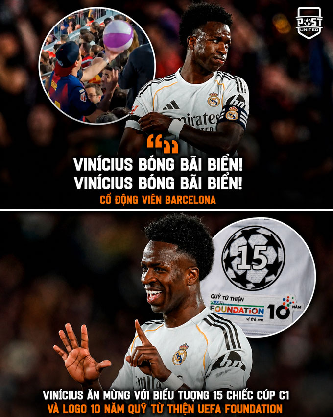Vinicius trêu ngươi CĐV Barca - Ảnh: @postunited