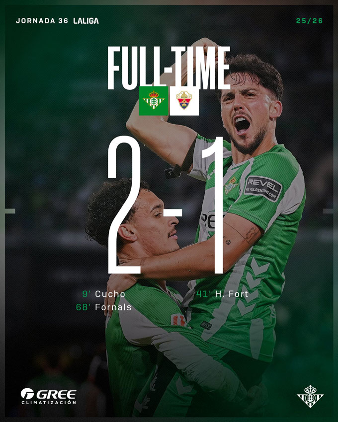 Betis đánh bại Elche để chính thức có vé dự Champions League - Ảnh: @RealBetis