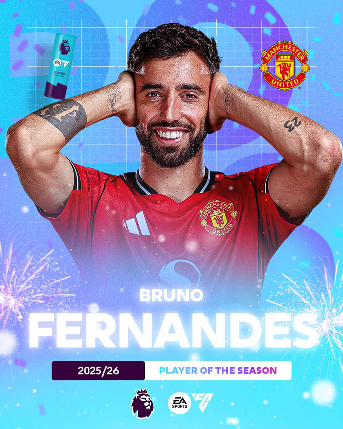 Bruno Fernandes nhận giải Cầu thủ xuất sắc nhất Premier League 2025/26