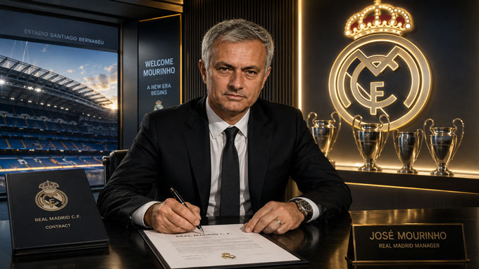 Mourinho ký hợp đồng có thời hạn 3 năm với Real - Ảnh: AI