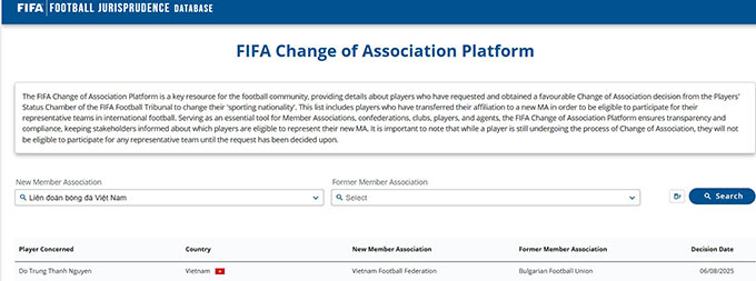 Trên hệ thống FIFA chưa có thông tin chuyển đổi liên đoàn đại diện của thủ thành sinh năm 1992. Ảnh: FIFA